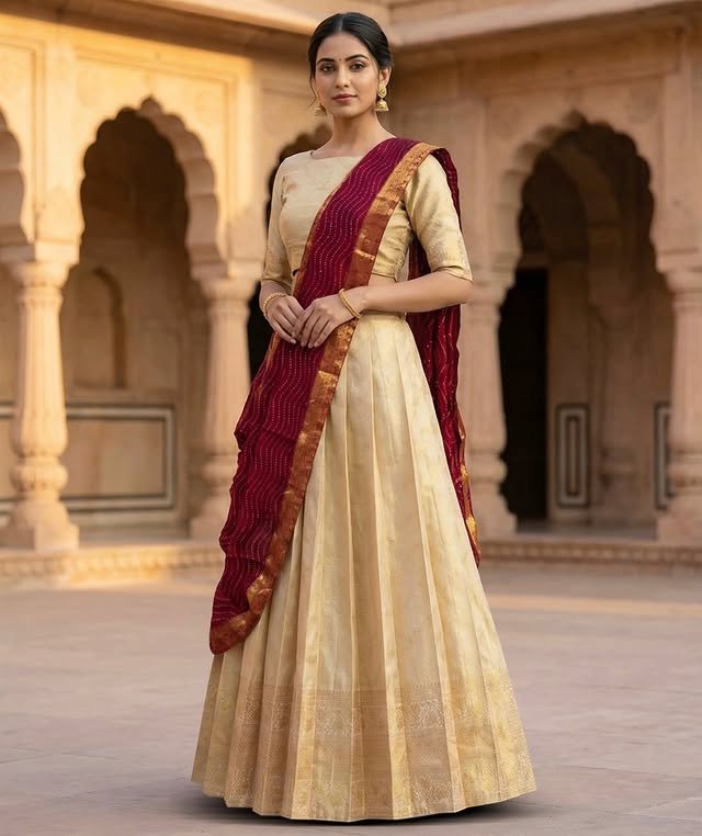 Elegance Cream Silk Lehenga with Maroon Dupatta